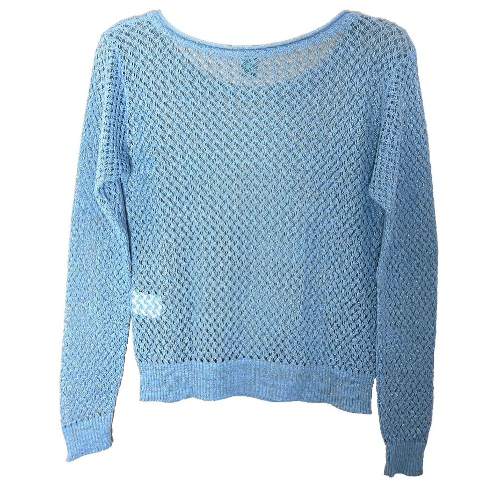 Farm Rio Open Knit Sweater P / US Size XS Blue Gold Metallic - Picture 2 of 12
